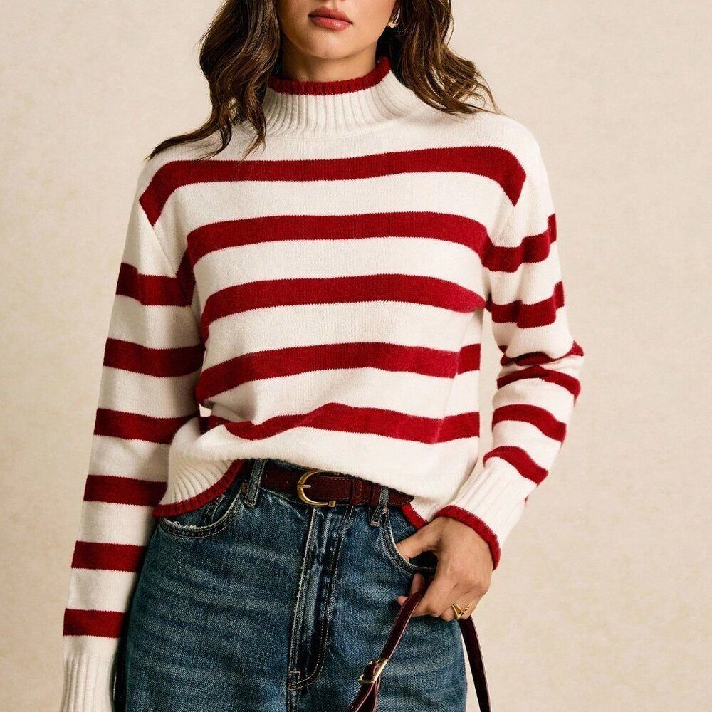 Red And White Casual Women's Colorblock Striped Stand Collar Sweater - Picture 7 of 9